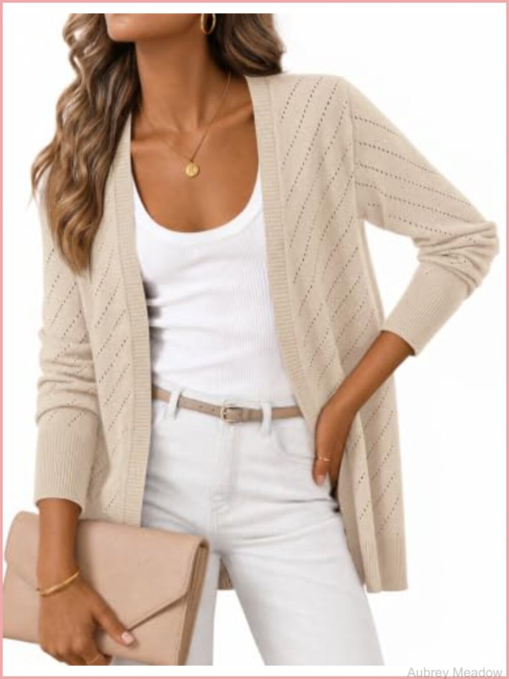 Women's Crochet Lightweight Cardigan Open Front V-Neck Long Sleeve Relaxed Fit